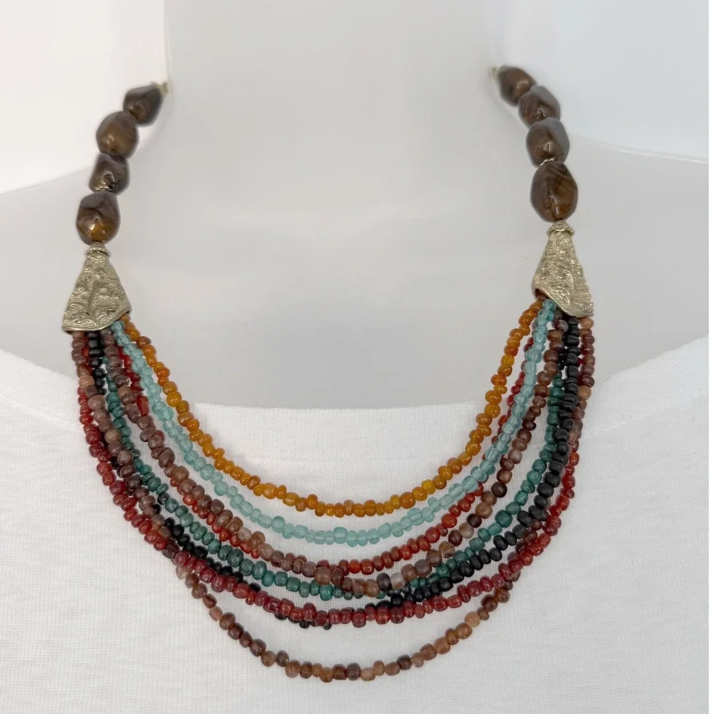 Boho Multi Strand Seed Bead Bib Necklace Earth Tone Marbled Resin Chic 103-156